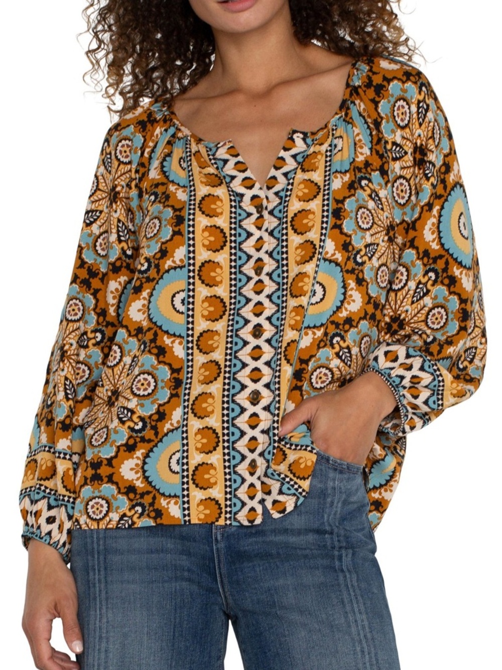 Liverpool Long Sleeve Button Up Blouse In Ocean Jasper Multi